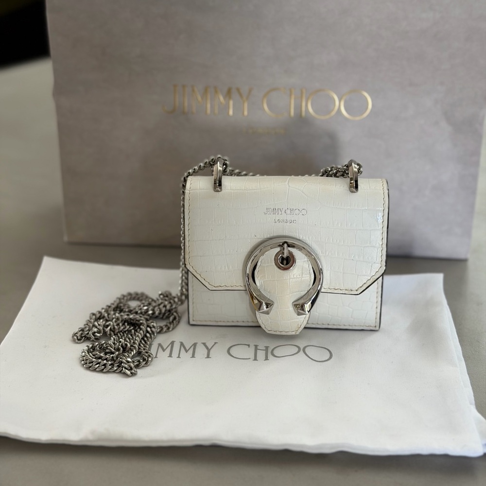 Jimmy Choo White Croc-Embossed Mini Chain Bag with Silver Ring